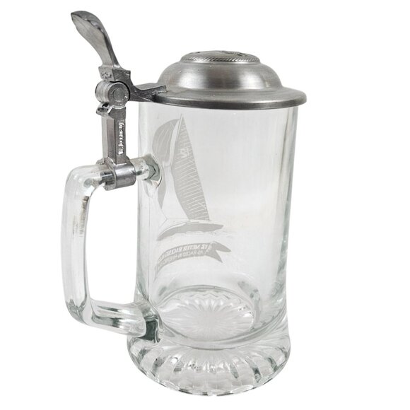 Alwe Beer Stein Pewter Lid 12m Racing Sloop Etched Clear Glass Germany Old Spice - Picture 3 of 10
